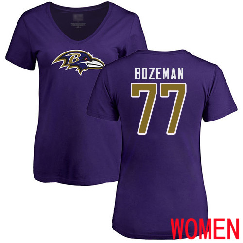 Baltimore Ravens Purple Women Bradley Bozeman Name and Number Logo NFL Football #77 T Shirt